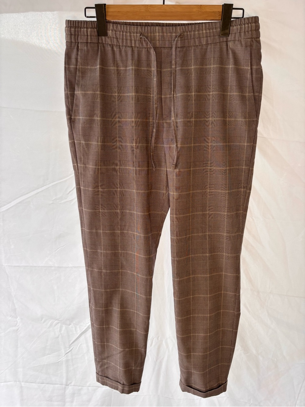H&M Mens M Slim Fit Drawstring Chino Joggers Casual Stretch Pants Plaid